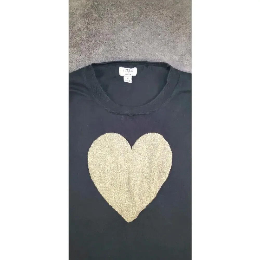 J.Crew Teddie Sweater Womens Sz M Black Heart Crewneck Cotton Knit C30-87